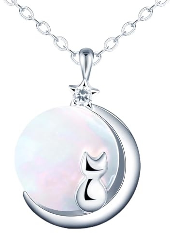 MOOFUN Perlmutt Halskette Tiere Katze Mond Damen Kette 925 Sterling Silber Stern Zirkon Anhänger Halsketten für Mama Beste Freundin Mädchen Schwester Modeschmuck Frauen Geschenk Geburtstagsgeschenk