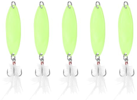 PATIKIL Cucchiai da pesca da 14 g, 5 pezzi, esche da pesca che si illuminano al buio con ami tripli, esche spinner per salmone d'acqua dolce e salata, colore bianco