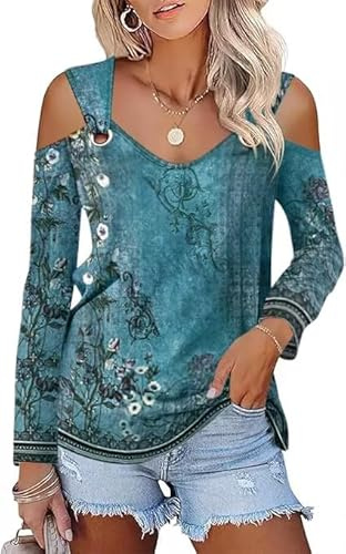 GRMLRPT Camiseta Mujer Manga Larga Camisa Floral/Sólido Cuello en V Blusa Elegantes Sin Hombros Túnica Top Primavera Otoño(Azul,XXL)