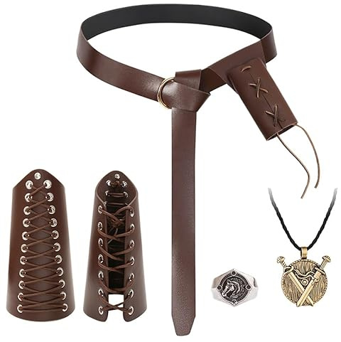 Hifot 5pcs Mittelalter Kleidung Damen Herren Schwert Holster Mittelalter Gürtel Accessoires Set Armschienen Doppelschwert Halskette Silberring Wikinger Schmuck für Renaissance Knight Deko Piraten
