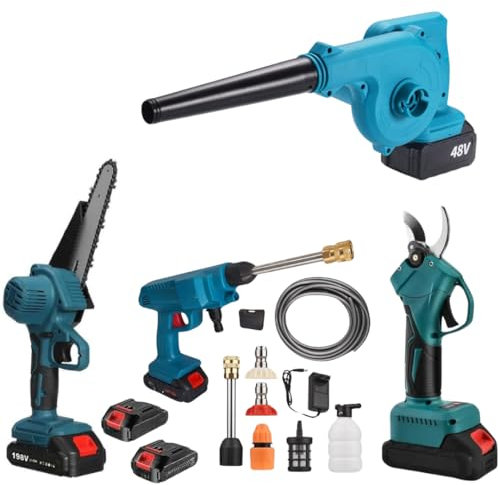 Forbice Potatura a Batteria + Motosega 6 Pollici + Idropulitrice + Soffiatore con 2 Batterie 48V - Kit 4 in 1 Completo ed Efficiente per il Giardinaggio