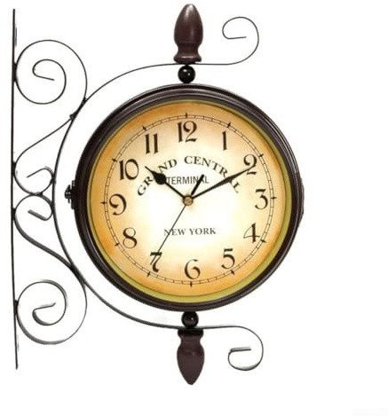 Zilimontt Orologio da parete vintage su entrambi i lati, orologio in ferro battuto in stile Grand Station, orologio da esterno, orologio ad angolo in metallo, orologio da giardino da appendere per