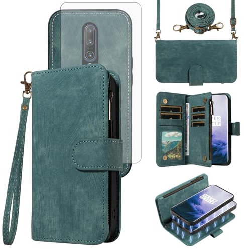 Asuwish Funda para teléfono OnePlus 7 Pro con cremallera, funda magnética desmontable con protector de pantalla de vidrio templado, cordón cruzado OnePlus7Pro 5G One Plus 1+7 1Plus OnePlus7 7Pro One+