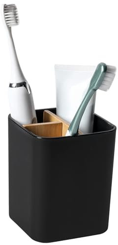 MOGADEE® Zahnbürstenhalter, Toothbrush Holder, zahnputzbecher Kunststoff, 2 Zahnbürstenfächer + 1 Ablagebecken, für elektrische Zahnbürsten, Zahnseide, Zahnpasta - Schwarz