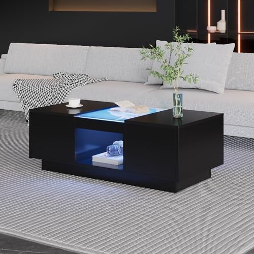 Merax Moderner Wohnzimmertisch Schwarzer Couchtisch 100x50x35,5 cm – Glasverkleidung, LED-Beleuchtung mit App-Steuerung, 2 Schubladen & offenes Fach, Modernes Design