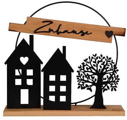 UNUS Aufsteller Deko-Schild Zuhause,Bambus und Metall, schwarz, Filigranes Design mit Häusern und Baum, Ganzjährige Dekoration für Wohnzimmer & Eingangsbereich