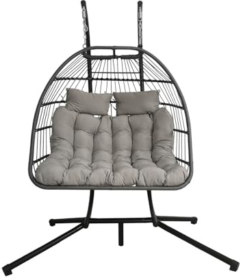 Rattan Egg Swing Chair with Stand, Indoor/Outdoor Hanging Hammock, Cushion & Waterproof Cover, Sturdy Steel Frame 350lbs Capacity, Weather (Double Light Grey)