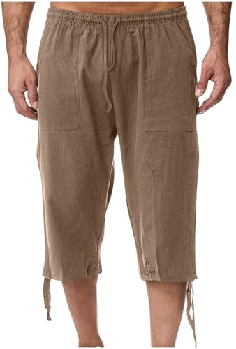 RLEHJN 3/4 Length Cotton Linen Shorts Men UK Sale Clearance, Mens Summer Shorts Elasticated Waist Casual Lightweight Cropped Trousers Solid Color Drawstring Three Quarter Pants with Pockets M-XXL