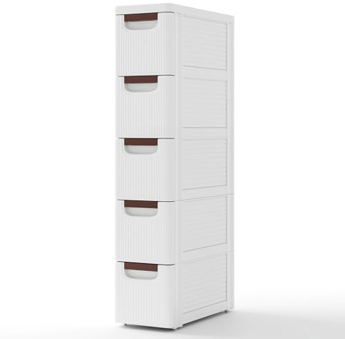 COSTWAY Nischenschrank schmal mit Rollen, Nischenregal 20cm breit, Nischenwagen mit 5 Schubladen, Badrollwagen für Bad, Klassenzimmer, Studio & Salon, Weiß, 42 x 19 x 91 cm