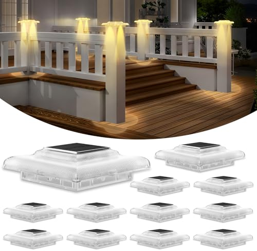 T-SUN Solar Post Cap Lights 4x4, Deck Post Solar Powered Lights 12 Packs, IP65 Waterproof Outdoor for Stairs Steps, Railings, Vinyl & Wood Fence Tops, Yard, Patio, Auto Dusk to Dawn (Warm White)