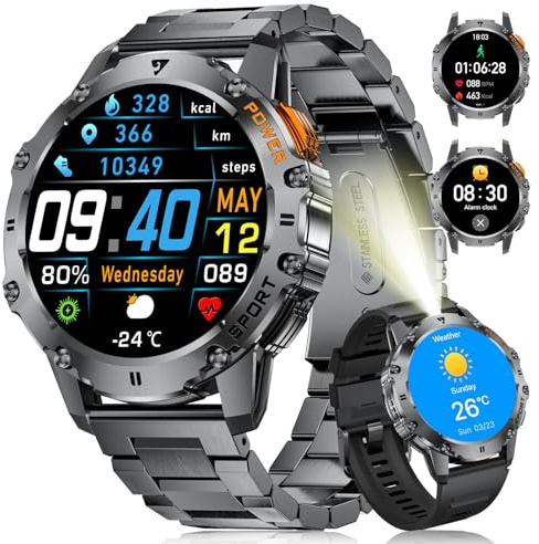 LIGE Reloj inteligente para hombre AMOLED/500 mAh batería/linterna LED, reloj con llamada Bluetooth/110+ modos deportivos/pulsómetro y sueño, IP68 para Android/iOS, negro