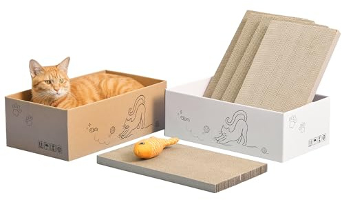 Quuzee 5-Pack Double-Sided Cat Scratchers with Box & Fish Toy - Reversible Cat Scratch Pad for Indoor Cats, Durable Corrugated Cardboard Cat Scratcher for Cats to Rest and Play, Furniture Protector