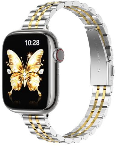 GEARYOU Slim Metall Armband Kompatibel mit Apple Watch Armband 44mm 45mm 42mm(Series 1/2/3) 46mm 49mm,Edelstahl Schlank Ersatzarmbänder für SE iwatch Series 11 10 9 8 7 6 5 4 3 2 1, Damen(Silber/Gold)