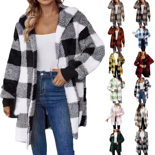 Generico Cardigan Lungo Donna Invernale,Maglione Aperto Classico in Pile a Quadri,Cardigan Elegante in Peluche con Cappuccio,Giacca Lunga Aperta da Donna Casual e Rilassato