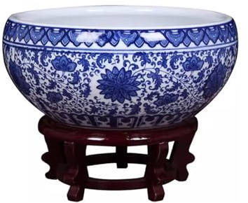 RGZFYH Übertopf Runde dekorative Seerosenschale, blau-weißer Blumentopf aus Porzellan, Hydrokultur-Pflanzschale, Jingdezhen-Keramik-Wasserlotus for den Tisch pflanzentopf(41x17cm)