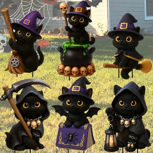 ILMFMY Halloween Gartendeko – 6er Set Schwarze Katzen Figuren mit Hexenhut, Besen, Sichel & Flügel, wetterfest & wiederverwendbar, Outdoor Gruseldeko für Garten, Terrasse, Rasen & Party