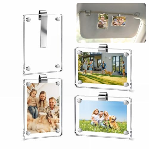 Joyzan 4 Piezas Clip Personalizado para Visera de Coche, 6×9cm Mini Portafotos Magnético Soportes Fotos Acrílico Marco Doble Cara Transparente Parasoles Accesorios Familiares Personales Decoración