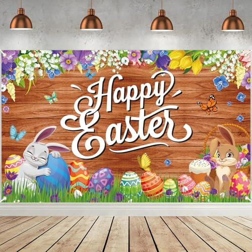 Happy Easter Banner Backdrop - Easter Banner Photography Background Decorations for Jesus Easter Spring Party Decor, Cute Rabbit Colorful Eggs Floral Green Grass Easter's Day Party Decor