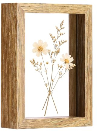 sourcing map Floating Picture Frame 9x13cm, Double Glass Pressed Flower Photo Frame with Wooden Border, Tabletop Display for Photos Postcards Home Decor Gift, Natural Wood Color
