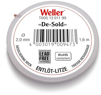 Weller avlödningsspill T0051301199 | 1,6 m spole | bredd 2,0 mm | flussmedelsdränkt kopparnät | Snabb och ren borttagning av lödtenn | för elektronik och kretskort reparation