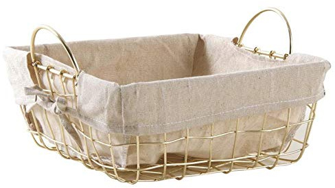 AUBRY GASPARD - Corbeille Carrée en Métal Doré avec Anses - Doublure Amovible en Jute - 24 x 24 x H 10 cm - Métal Cuivré Élégant - Idéale pour Pain et Conservation Aliments - Poids 0,43 kg