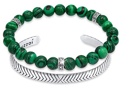 Kuzzoi Herren Armband Set bestehend aus Malachit Edelsteinen und Armreif | Armband mit Silber Beads und einem offenen Armreif 925 Silber oxidiert Länge 19-21 cm