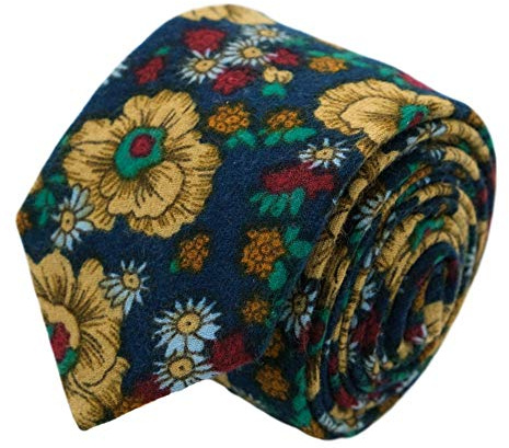 Ecravate - Cravate à Grand Motif Fleuri en coton. Bleu et Beige