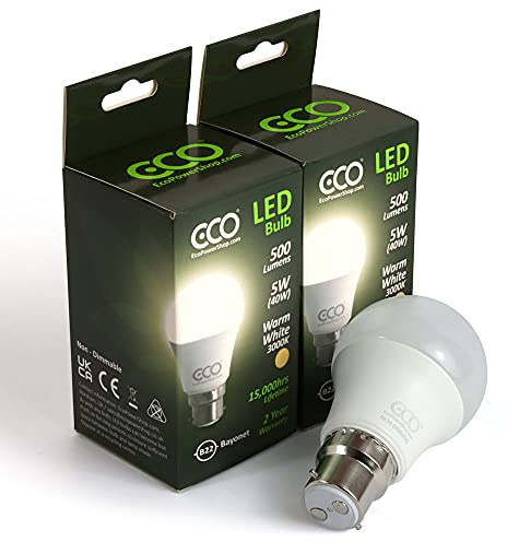 ECO 40W 2 Pin Bayonet B22 Energy Saving LED Light Bulbs, Low Energy 5W LED, Bright 500 Lumens, 15,000Hrs Lifetime.