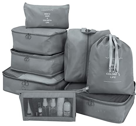 wiipara Packwürfel Set 8-teilig, Koffer Organizer Packing Cubes Set, Wasserdichte Kofferorganizer mit Schuhbeutel & Kosmetiktasche – Leicht & Reißfest für Reisen (Grau)