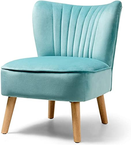 LUARANE Armlehnenloser Samtstuhl, moderner Freizeitstuhl mit gebogener Rückenlehne, dickes Schaumstoffkissen, Holzbeine, kleiner gepolsterter Flügelrücken-Sofa-Stuhl für Schlafzimmer, Wohnzimmer (1