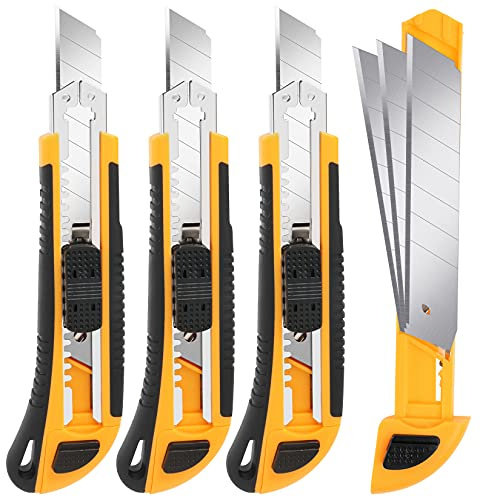 Artcut Cuttermesser 3 PCS Box Cutter Einziehbares, 18mm, Heavy Duty Box Cutter Messer mit Klingenaufbewahrungsdesign zum Schneiden von Kartons, Seilen und Leder, Cuttermesser Klein