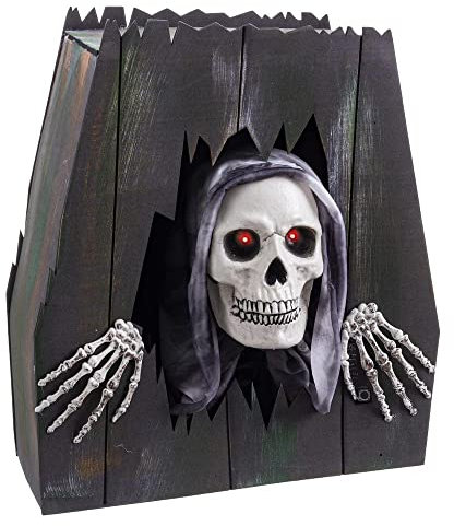 LOLAhome JUINSA Tumba Calavera con luz, Sonido y Movimiento marrón de plástico para decoración de Halloween de 37x19x43 cm