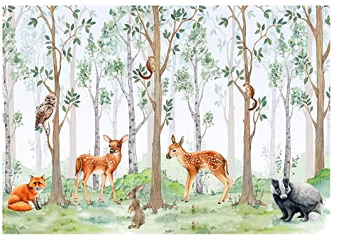 WallArena - Vlies Fototapete Kinderzimmer 368x254 cm Wald Tiere Mädchen Kinder Bäume Skandinavisch Babyzimmer - Fototapeten Tapeten für Kinder Kindertapete - Vliestapete Wandtapete Tapete 3D Effekt