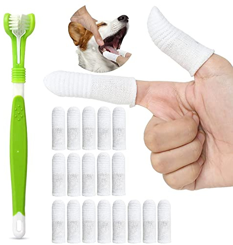LLGLEU 18 Stück Hundezahnbürste Fingerling, 1 Stück Dreifachkopf-Hundezahnbürsten, Wiederverwendbar Pet Finger Zahnbürste, Fingerlinge Hunde Zahnpflege, 360°Anti-Plaque Finger Hund