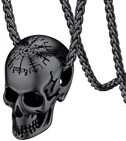 FaithHeart schwarz Totenkopf Anhänger Kette für Herren Jungen Punk Gotik Skull Schädel Halskette mit Valknu Symbol für Valentinstag Weihnachten