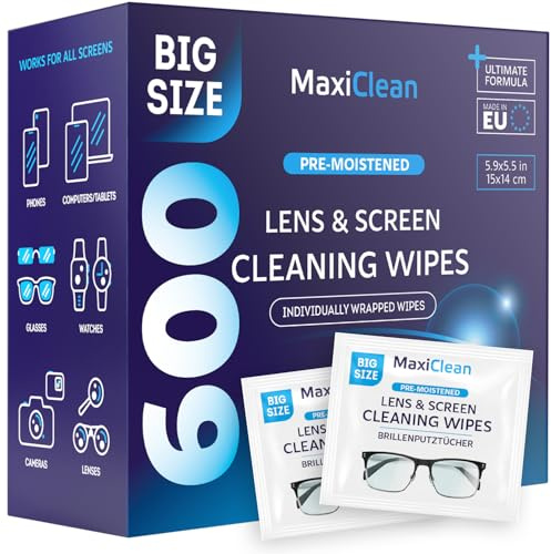 Glasses Wipes Lens Cleaner - Lens Wipes for Eyeglasses - 600 Pre-moistened Individually Wrapped Wipes for Eye Glasses, Electronics, Phone, Computer, Laptop Screen - Camera Lens Cleaner - Made in EU