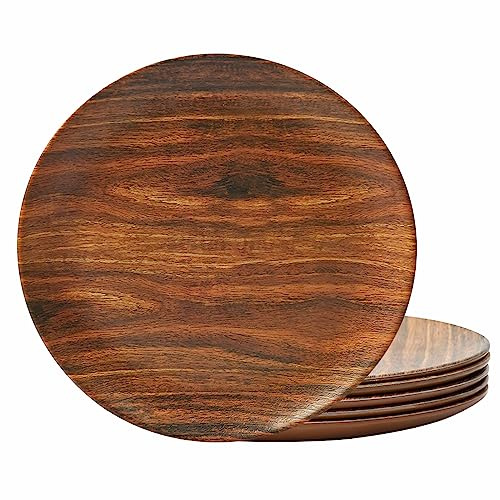 TP 11 Melamine Dinner Plates, 6-piece Plate Set Unbreakable Serving Dishes for Indoor and Outdoor, Service for 6, Rosewood Grain