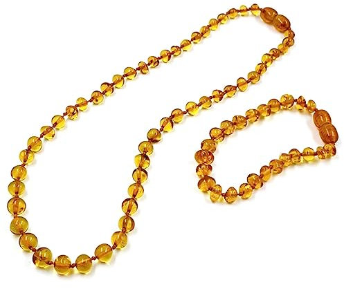 Amber Jewelry Store Ensemble collier et bracelet en ambre de la Baltique naturelle 34 cm, bracelet 14 cm, coffret cadeau (cognac)