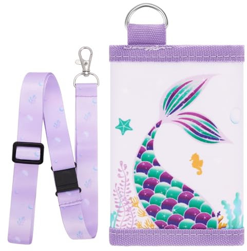 WAWSAM Kinder Geldbörse - Meerjungfrau Brieftasche Kinder Alter 4-12 Trifold Brieftasche Kleine mit Schlüsselband Kinder Geldbeutel Weihnachten Geburtstag Geschenk für Portmonee