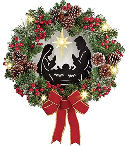 Couronne de Noël Artificielle Pré-éclairée, Couronne de Noël Extérieure pour Porte D'entrée, Pomme de Pin aux Baies Rouges de Jésus avec Lumières, Décoration de Collection de Noël(40x40cm)