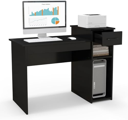 SFAREST Computer Desk with Drawer, Modern Study Desk with Storage Shelf & Lifted Tabletop, PC Workstation Desk for Home Office (Black)