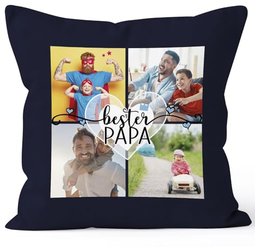 SpecialMe® Kissen-mit Foto-Collage personalisiert mit bis zu 4 Bildern Wunschtext Fotogeschenk Papa selbst gestalten Dekokissen Navy Standard