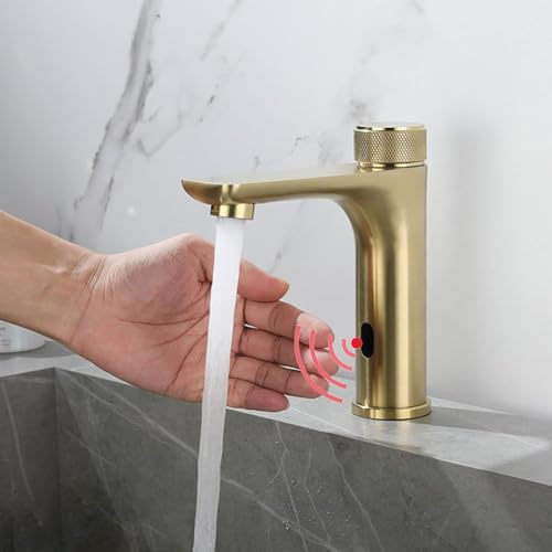 Hand Wash Sensor Faucets Automatic Faucet Sink Mixer Tap Bathroom Basin, Basin Faucet for Bathroom Basin Infrared Sensor Faucets,Brushed Gold