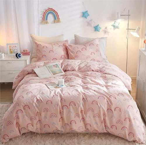 Freyamy Kinder Bettwäsche 135x200 Rosa Herz Regenbogen Kinderbettwäsche | Mädchen Wendebettwäsche, 2teilig Bettwäsche-Sets, Microfaser ÖKO-TEX Bettbezug mit Reißverschluss und Kissenbezug 80x80cm