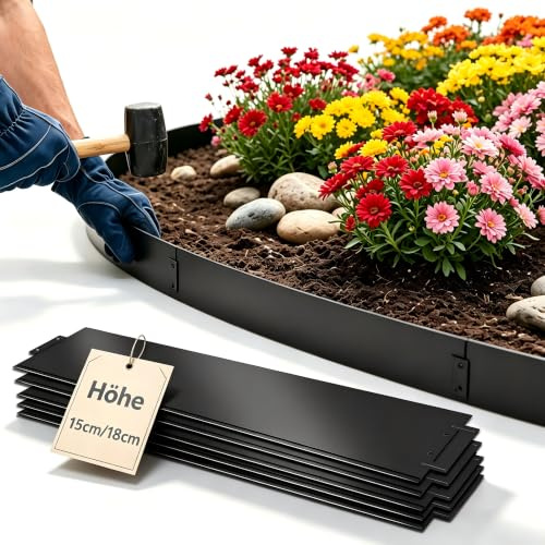 Suusolny Metall Rasenkanten Beetumrandung, 100cm Länge x 15cm Höhe, flexibel biegbar für Gartenbeete Rasen Terrasse, 10 Stück Gesamtlänge 10m, Farbe Schwarz