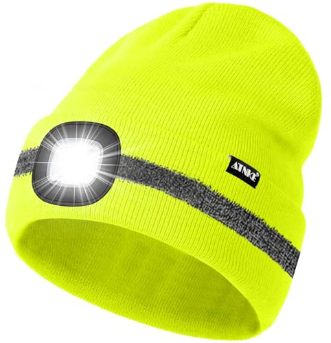ATNKE LED Mütze mit Licht, Wiederaufladbare USB 4 LED Beleuchtete Laufmütze Extrem Heller Lampe Winter Warme Stricken Mütze mit Reflektierendem Streifen für Herren und Damen Geschenke