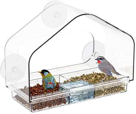 Yieach Clear Bird Feeders with Strong Suction Cups for Window Viewing,Large Window Bird Feeder for Cats,Kids,Birds Watcher Gifts,Modern Window Mounted Acrylic Birds House for Outdoors,Pack of 1