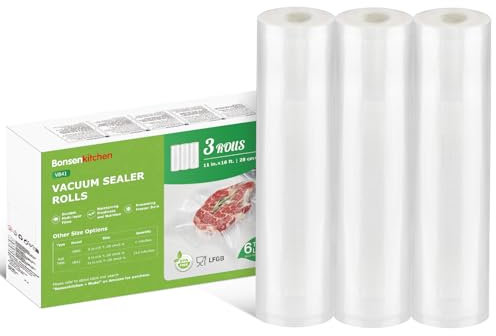 Bonsenkitchen Vacuum Food Sealer Rolls Bags 3 Rolls 28 x 500 cm, BPA Free, Commercial Grade Textured Food Vacuum Sealer Bag, Thick Embossed Bags for Food Storage and Sous Vide Cooking, VB41