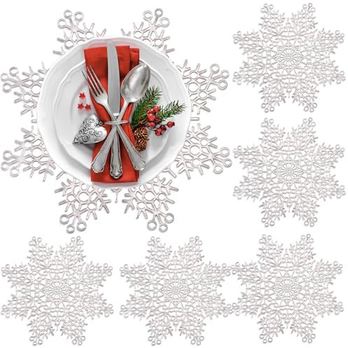 Schneeflocke Tischsets 6er Set,PVC Weihnachten Platzset Dekorationen Schneeflocke Tischsets Ausgehöhltes Design Runde Platz Mats Esstisch Einstellung Küche Tischsets für Weihnachten Hochzeit (Silber)