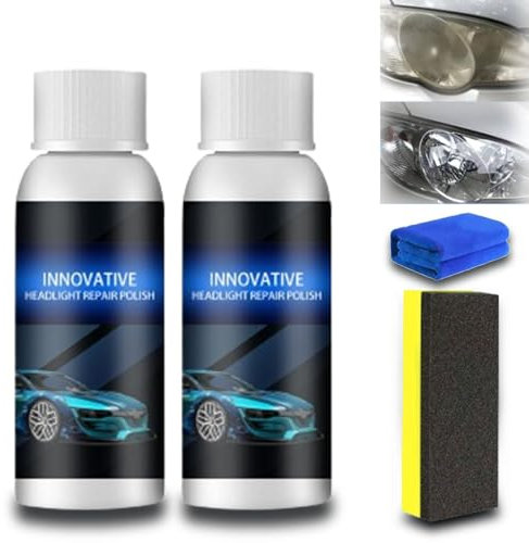 HOPASRISEE Reparatur-Flüssigkeit für Autoscheinwerfer, Scheinwerfer Aufbereitung Set, Klarlack & Politur, Beseitigt Kratzer, Vergilbung, Unschärfe, Verlängert Lebensdauer (50ml-2pcs)